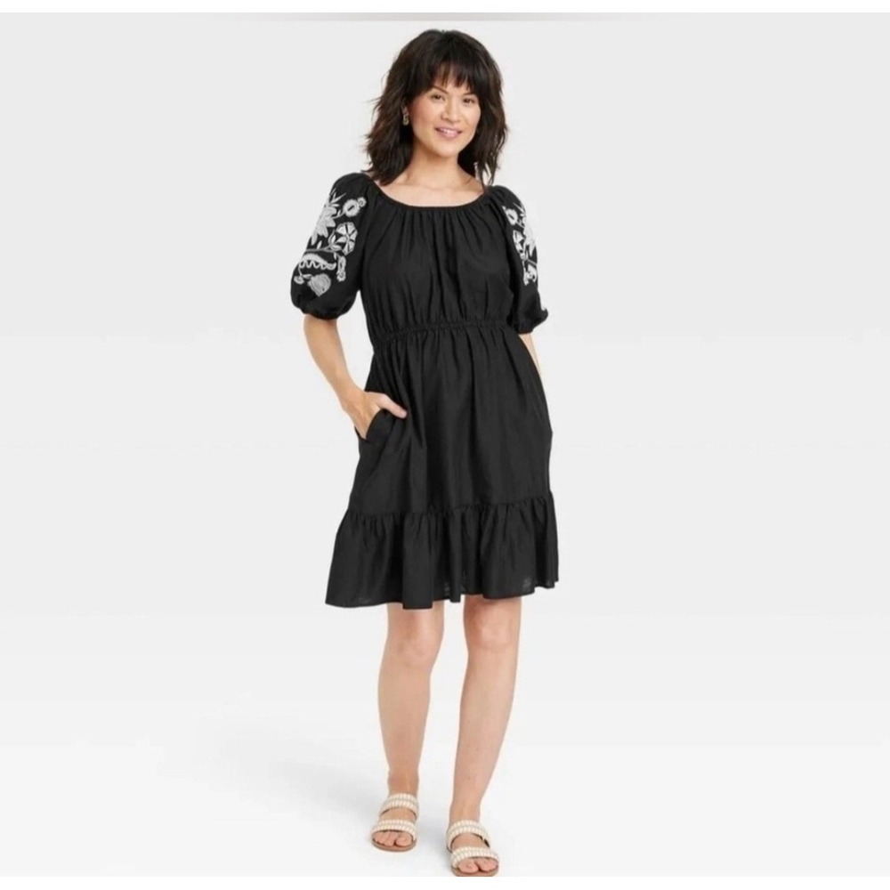 Knox Rose Black Embroidered Short‎ Sleeve Tiered Mini Dress - Women's Size M